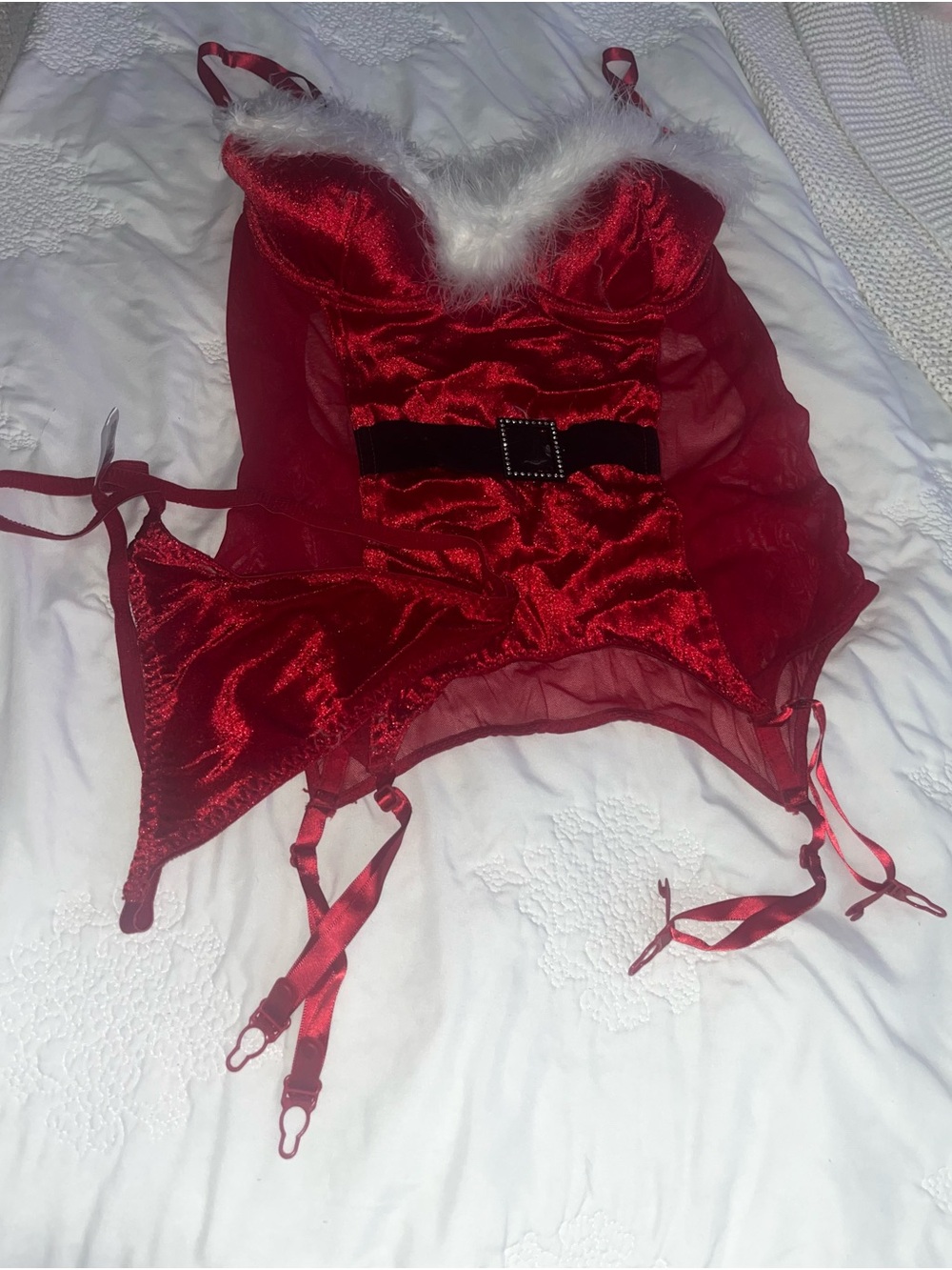 Secret Treasures Red Santa baby Holiday Bustier Chemise with White Trim